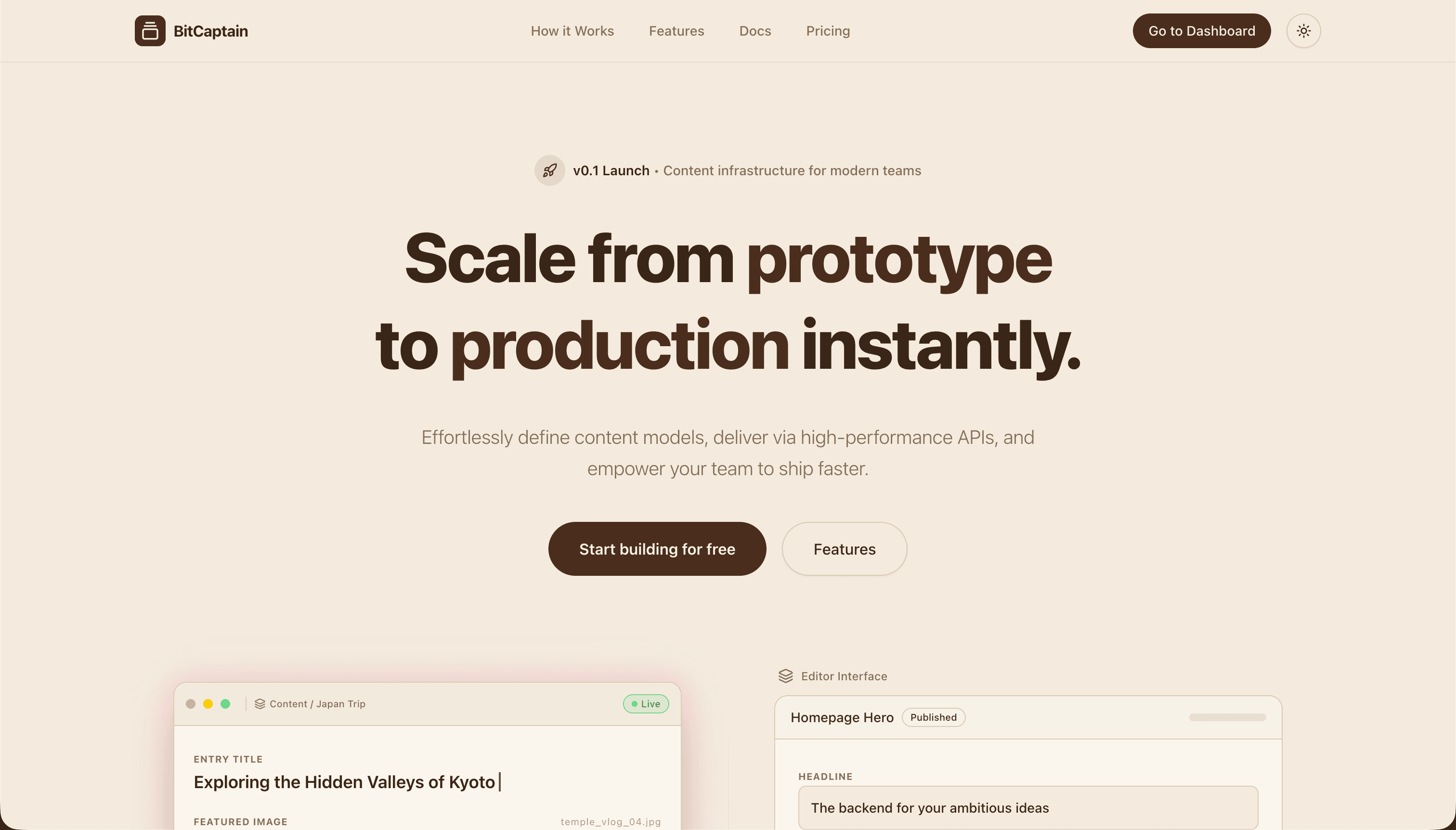 BitCaptain — headless CMS dashboard screenshot